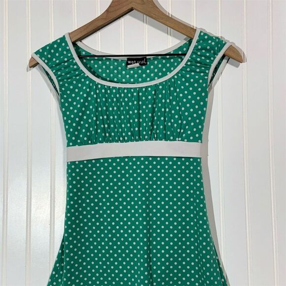 Wet Seal Green White Polka Dot Tie Back Top Medium Y2K 90s Vintage Made in USA - Picture 2 of 8